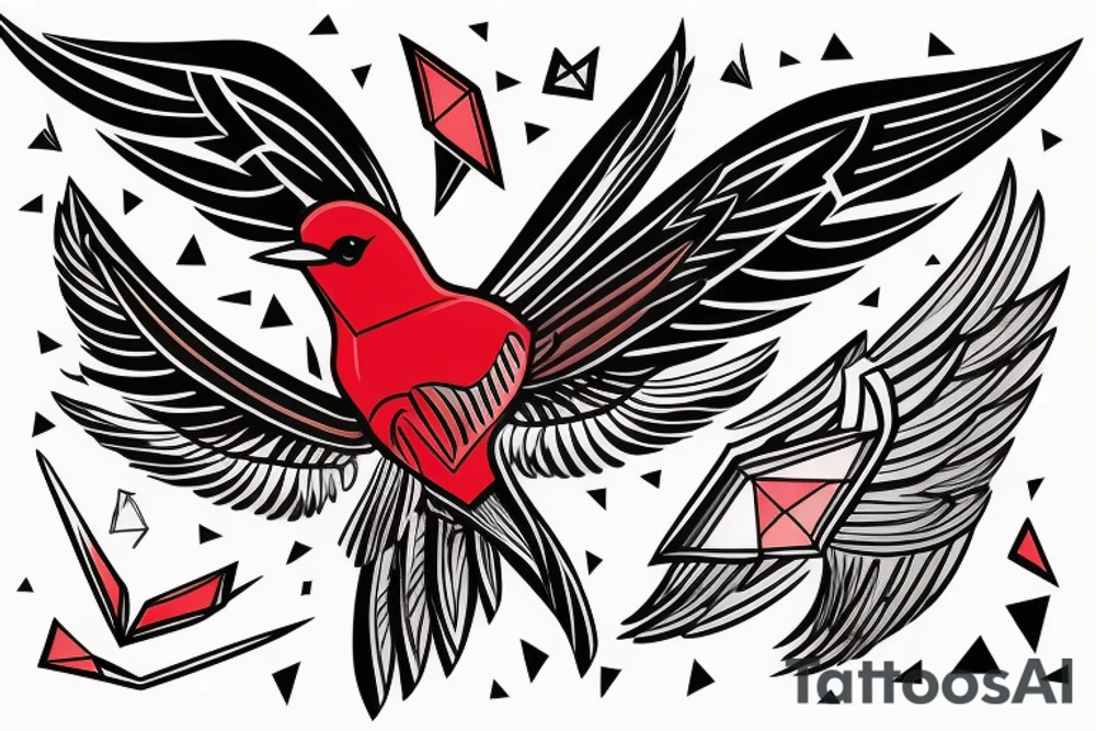 sketch geometric abstract style robin bird mid-flight with spread wings, dynamic, small amount of red accent tattoo idea