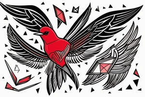 sketch geometric abstract style robin bird mid-flight with spread wings, dynamic, small amount of red accent tattoo idea
