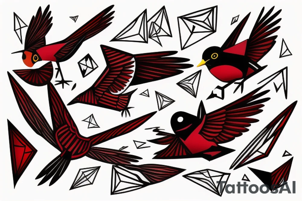 geometric abstract style robin bird mid-flight with spread wings, dynamic, small amount of red accent tattoo idea