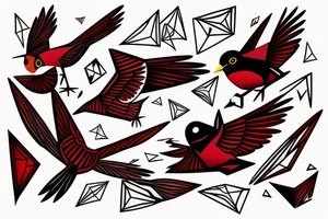 geometric abstract style robin bird mid-flight with spread wings, dynamic, small amount of red accent tattoo idea