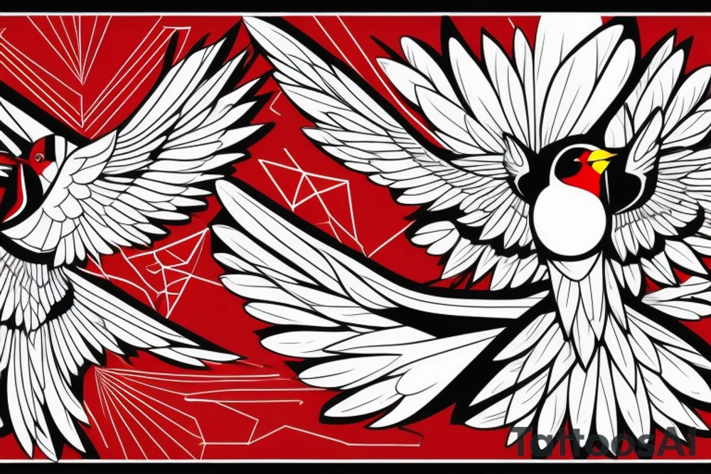 geometric abstract style robin bird mid-flight with spread wings, dynamic, small amount of red accent tattoo idea