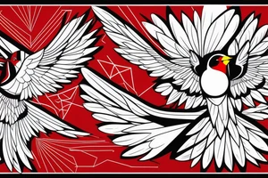 geometric abstract style robin bird mid-flight with spread wings, dynamic, small amount of red accent tattoo idea