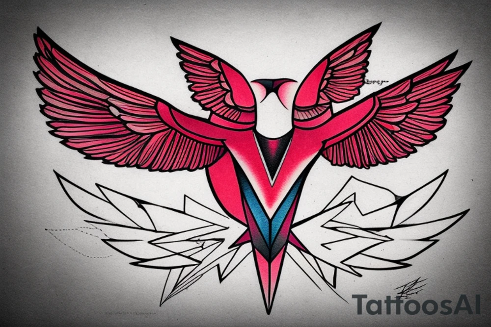 geometric abstract style robin bird mid-flight with spread wings, dynamic, small amount of red accent tattoo idea