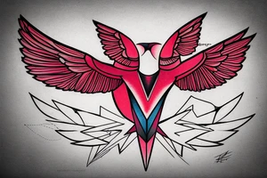 geometric abstract style robin bird mid-flight with spread wings, dynamic, small amount of red accent tattoo idea