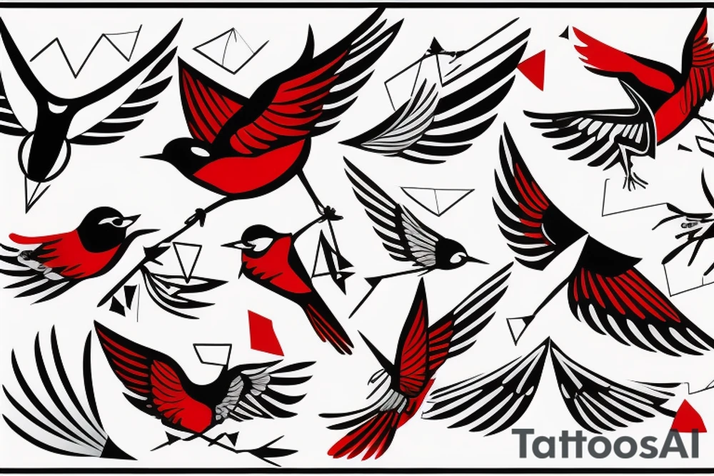 geometric abstract style robin bird mid-flight with spread wings, dynamic, small amount of red accent tattoo idea