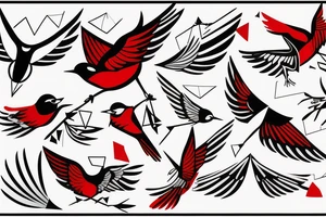 geometric abstract style robin bird mid-flight with spread wings, dynamic, small amount of red accent tattoo idea