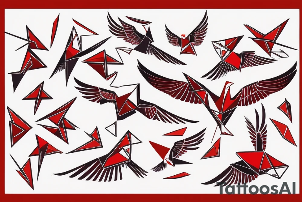 geometric abstract style robin bird mid-flight with spread wings, dynamic, small amount of red accent tattoo idea