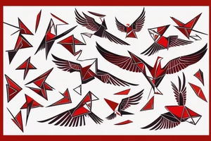 geometric abstract style robin bird mid-flight with spread wings, dynamic, small amount of red accent tattoo idea