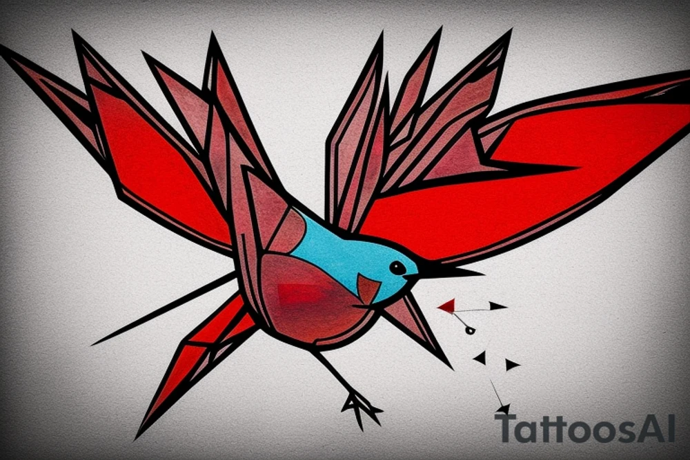 geometric abstract style robin bird mid-flight with spread wings, dynamic, small amount of red accent tattoo idea