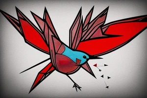 geometric abstract style robin bird mid-flight with spread wings, dynamic, small amount of red accent tattoo idea