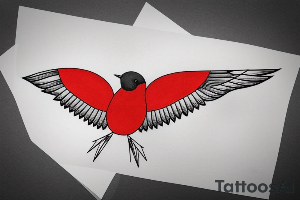 geometric abstract style robin bird mid-flight with spread wings, dynamic, small amount of red accent tattoo idea