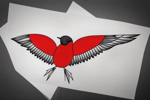 geometric abstract style robin bird mid-flight with spread wings, dynamic, small amount of red accent tattoo idea