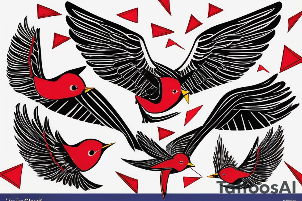 geometric abstract style robin bird mid-flight with spread wings, dynamic, small amount of red accent tattoo idea