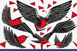 geometric abstract style robin bird mid-flight with spread wings, dynamic, small amount of red accent tattoo idea