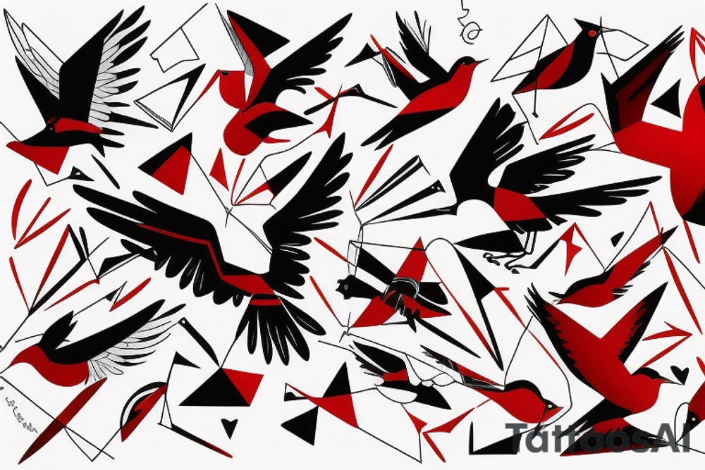 geometric abstract style robin bird mid-flight with spread wings, dynamic, small amount of red accent tattoo idea