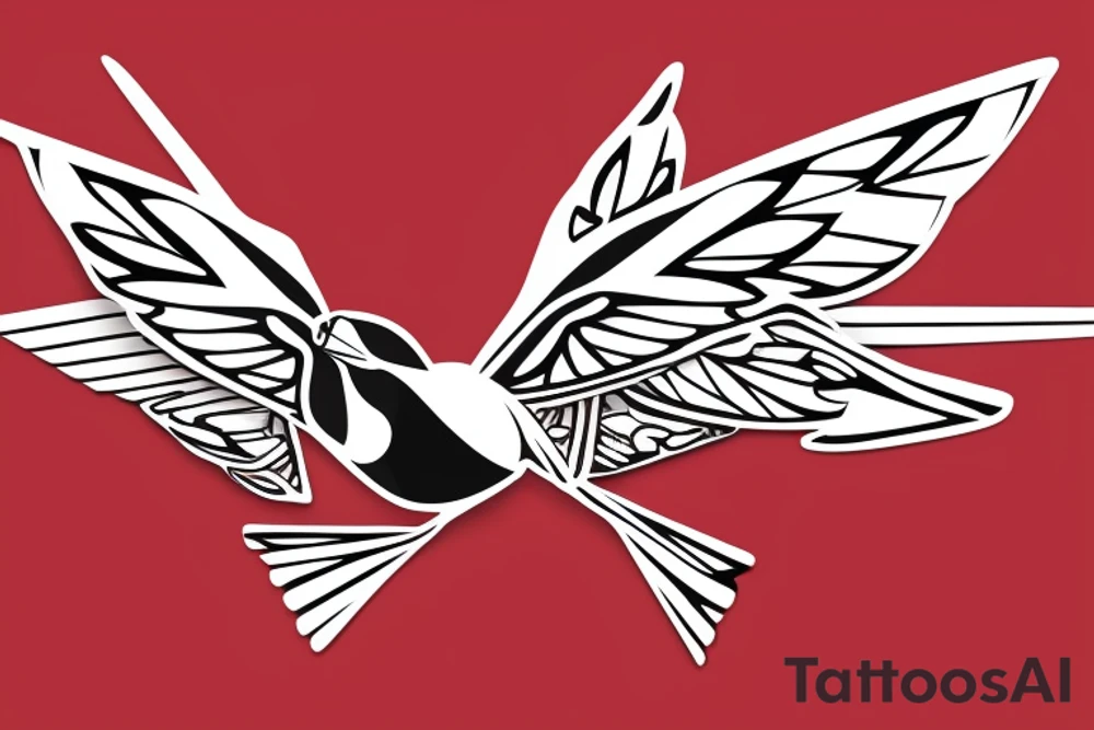 geometric abstract style robin bird mid-flight with spread wings, dynamic, small amount of red accent tattoo idea
