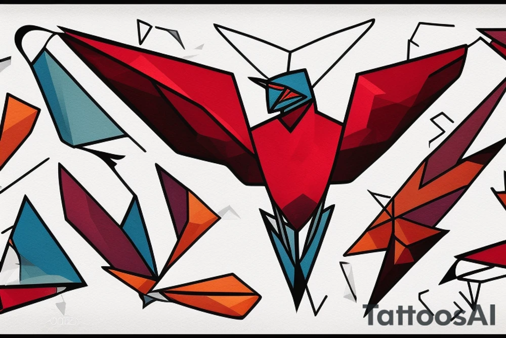 geometric abstract style robin bird mid-flight with spread wings, dynamic, small amount of red accent tattoo idea