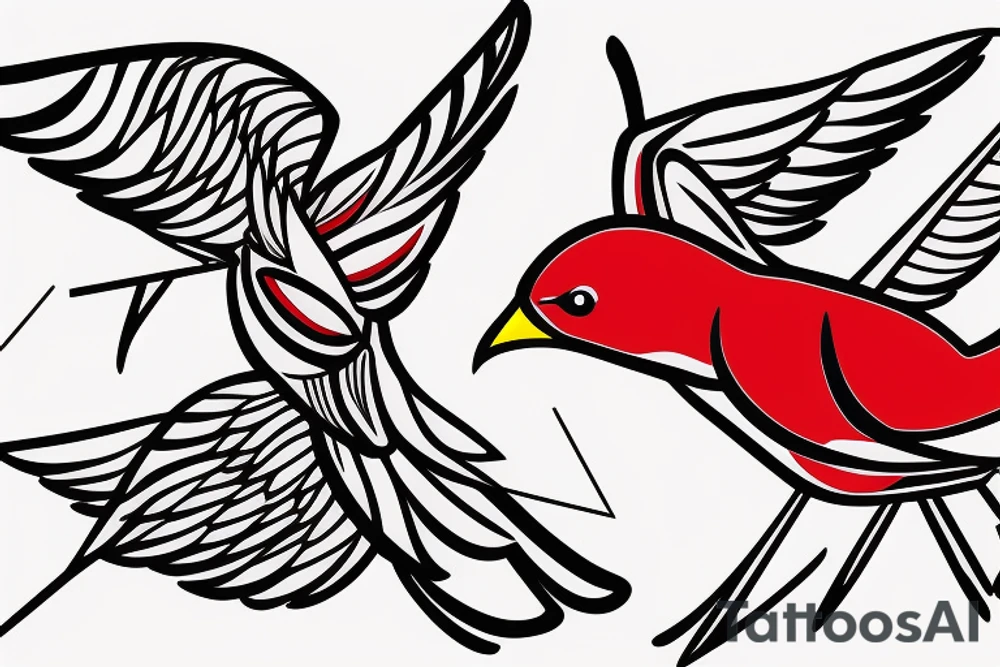 geometric abstract style robin bird mid-flight with spread wings, dynamic, small amount of red accent tattoo idea
