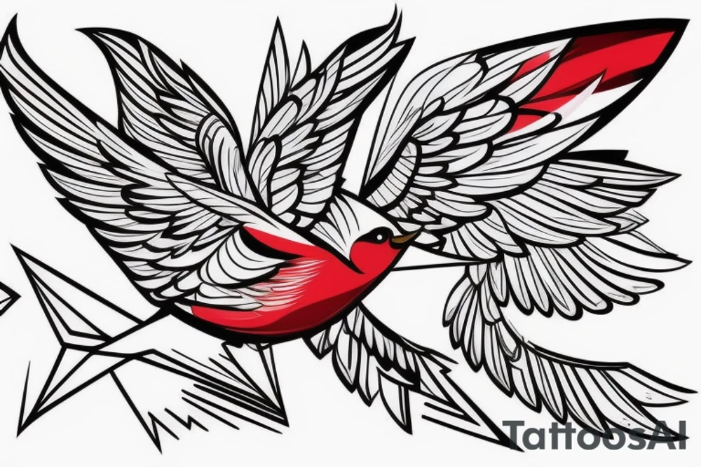 geometric abstract style robin bird mid-flight with spread wings, dynamic, small amount of red accent tattoo idea