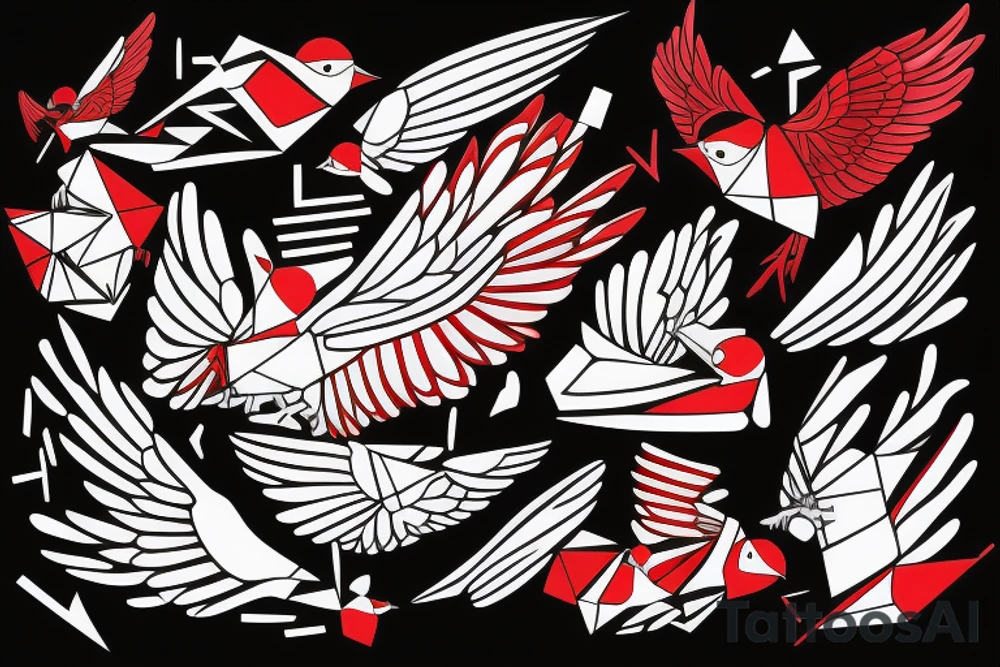 geometric abstract style robin bird mid-flight with spread wings, dynamic, small amount of red accent tattoo idea