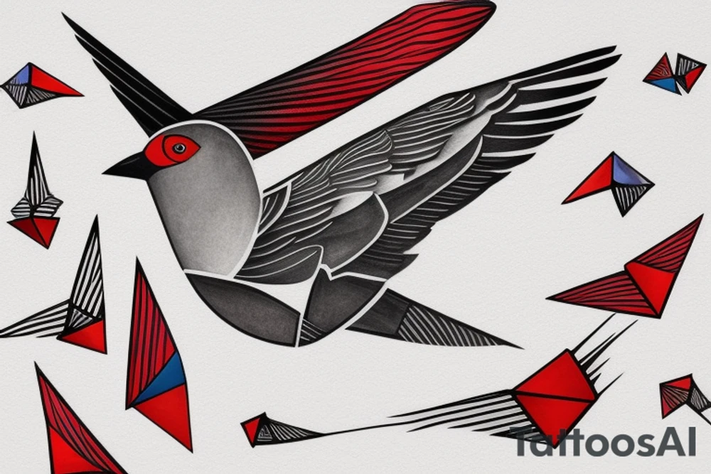 geometric abstract style robin bird mid-flight with spread wings, dynamic, small amount of red accent tattoo idea