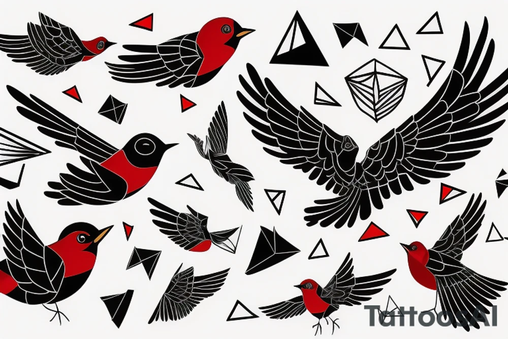 geometric abstract style robin bird mid-flight with spread wings, dynamic, small amount of red accent tattoo idea