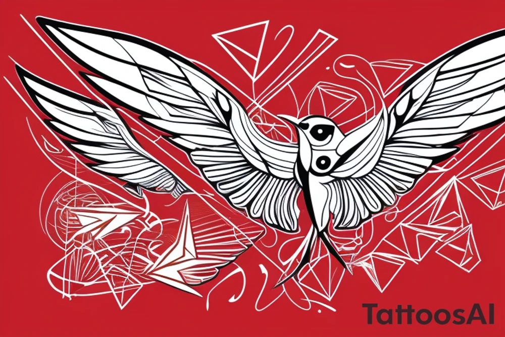 geometric abstract style robin bird mid-flight with spread wings, dynamic, small amount of red accent tattoo idea