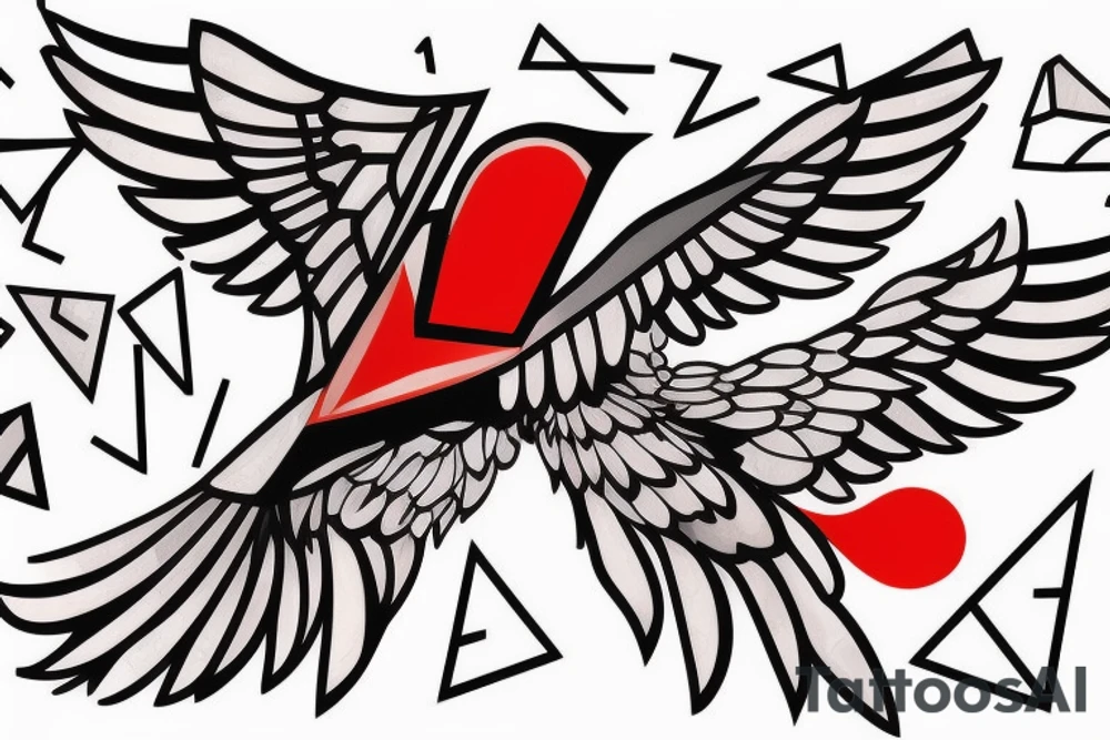 geometric abstract style robin bird mid-flight with spread wings, dynamic, small amount of red accent tattoo idea