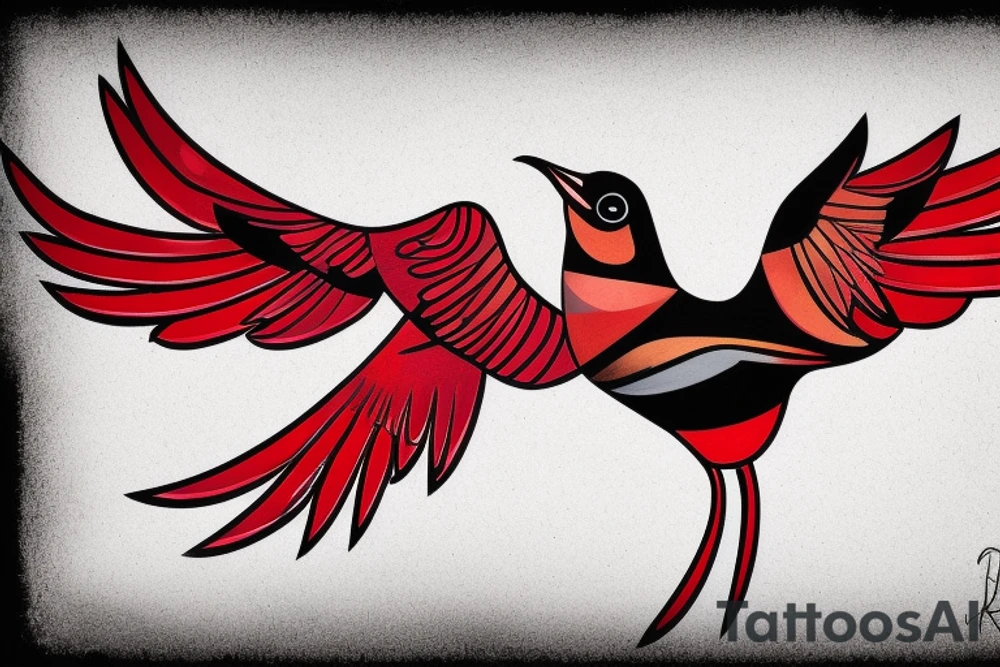 geometric abstract style robin bird mid-flight with spread wings, dynamic, small amount of red accent tattoo idea