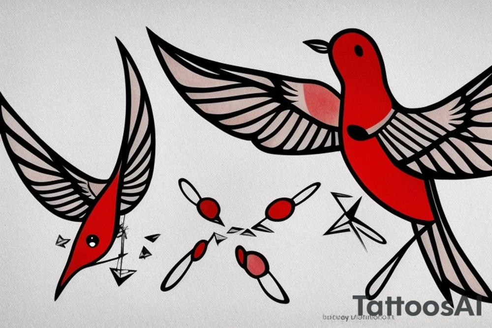geometric abstract style robin bird mid-flight with spread wings, dynamic, small amount of red accent tattoo idea