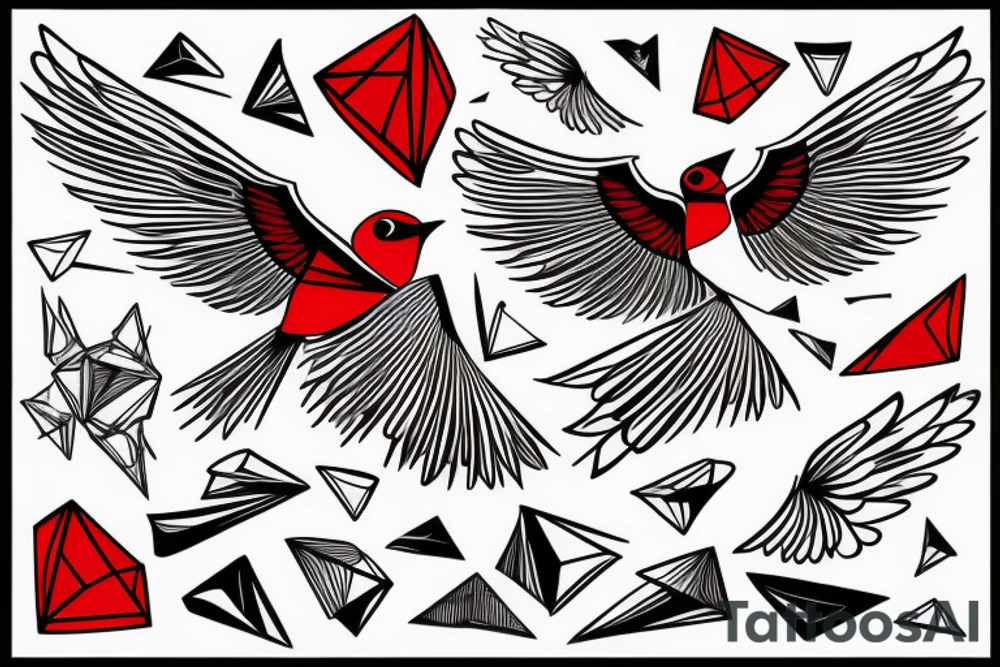 geometric abstract style robin bird mid-flight with spread wings, dynamic, small amount of red accent tattoo idea