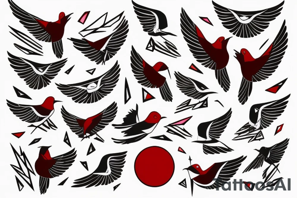 geometric abstract style robin bird mid-flight with spread wings, dynamic, small amount of red accent tattoo idea