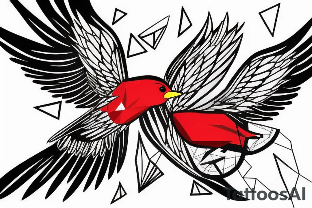 geometric abstract style robin bird mid-flight with spread wings, dynamic, small amount of red accent tattoo idea