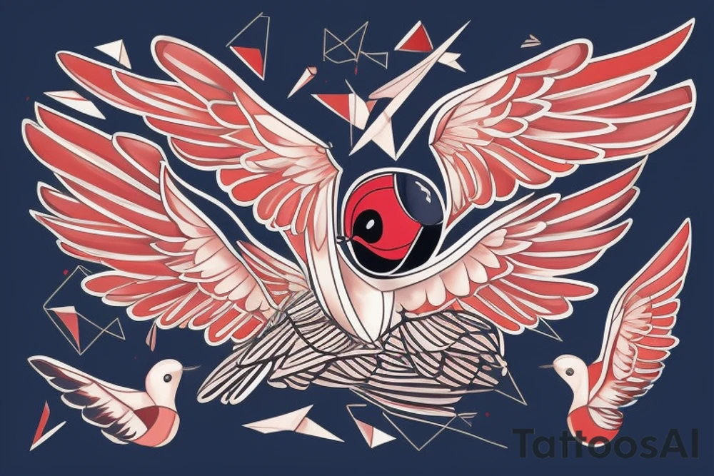 geometric abstract style robin bird mid-flight with spread wings, dynamic, small amount of red accent tattoo idea