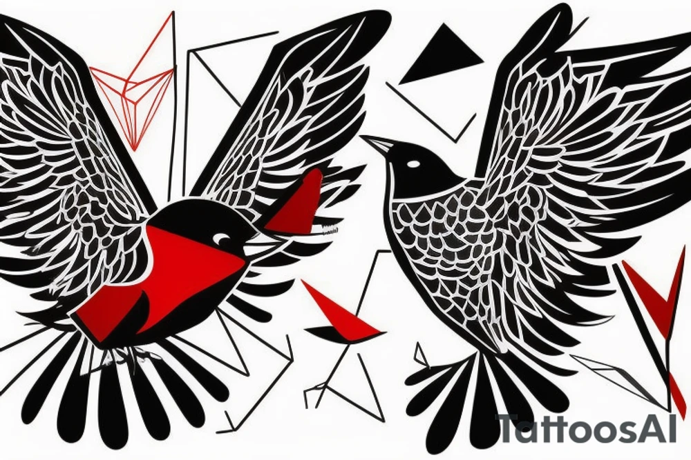 geometric abstract style robin bird mid-flight with spread wings, dynamic, small amount of red accent tattoo idea