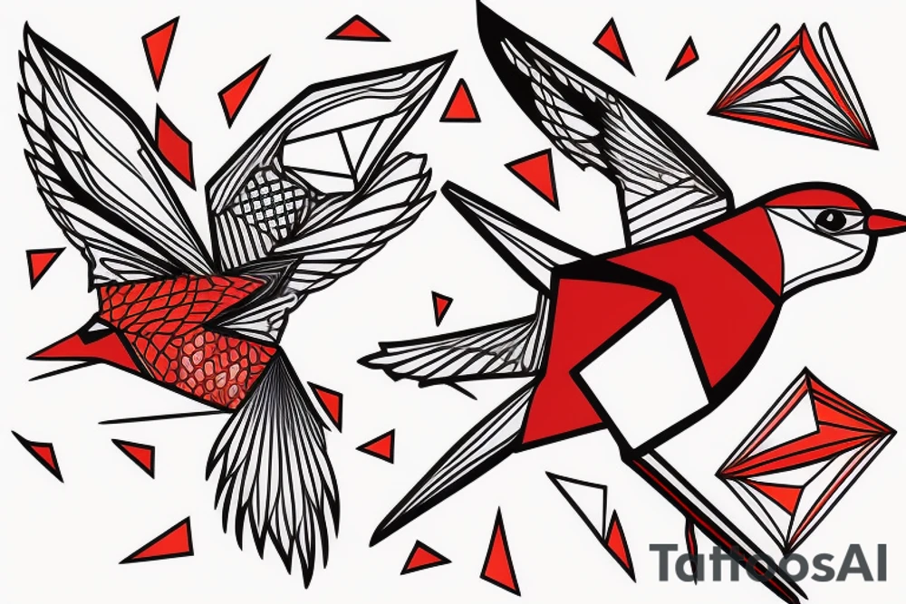 geometric abstract style robin bird mid-flight with spread wings, dynamic, small amount of red accent tattoo idea