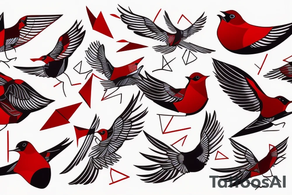 geometric abstract style robin bird mid-flight with spread wings, dynamic, small amount of red accent tattoo idea
