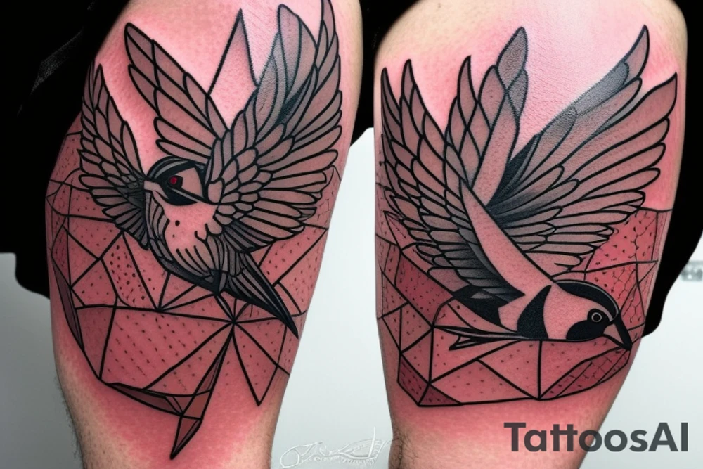 geometric abstract style robin bird mid-flight with spread wings, dynamic, small amount of red accent tattoo idea