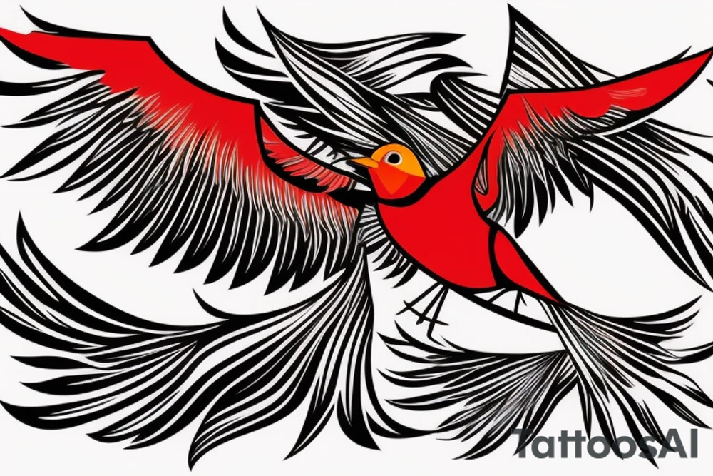 geometric abstract style robin bird mid-flight with spread wings, dynamic, small amount of red accent tattoo idea