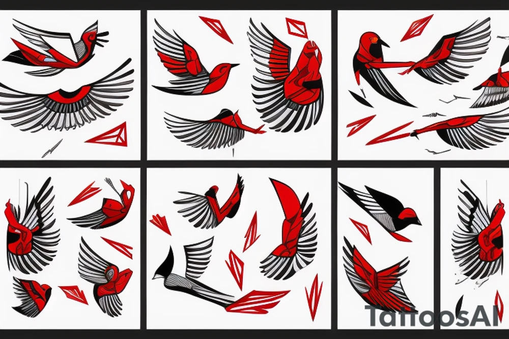 geometric abstract style robin bird mid-flight with spread wings, dynamic, small amount of red accent tattoo idea