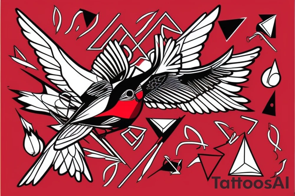 geometric abstract style robin bird mid-flight with spread wings, dynamic, small amount of red accent tattoo idea