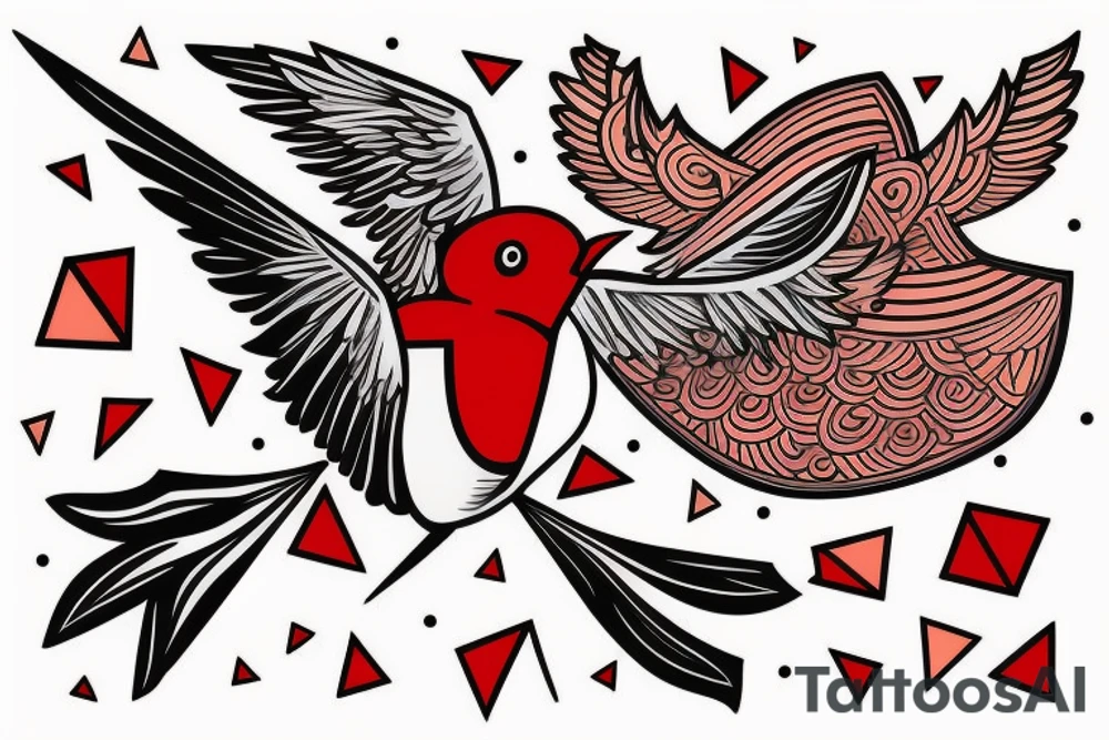 geometric abstract style robin bird mid-flight with spread wings, dynamic, small amount of red accent tattoo idea