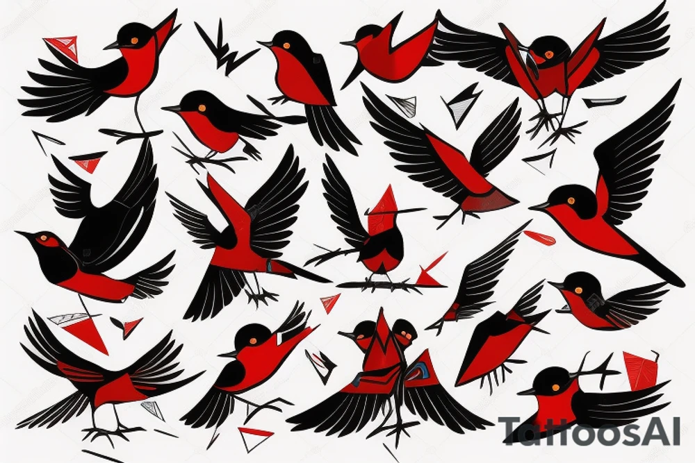 geometric abstract style robin bird mid-flight with spread wings, dynamic, small amount of red accent tattoo idea