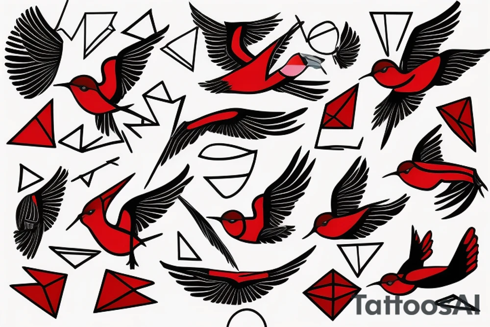 geometric abstract style robin bird mid-flight with spread wings, dynamic, small amount of red accent tattoo idea
