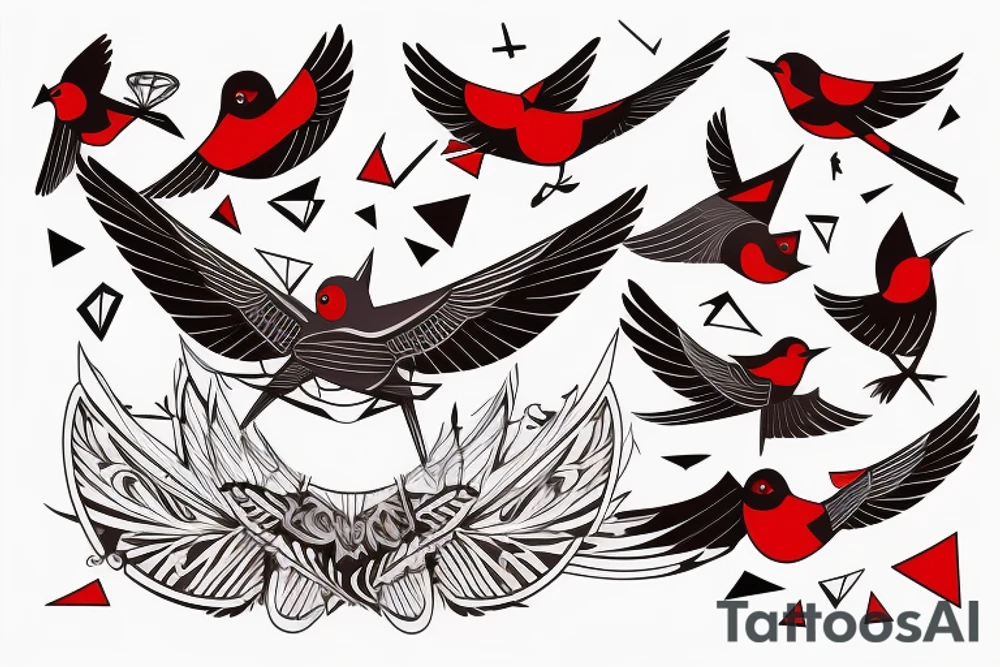 geometric abstract style robin bird mid-flight with spread wings, dynamic, small amount of red accent tattoo idea