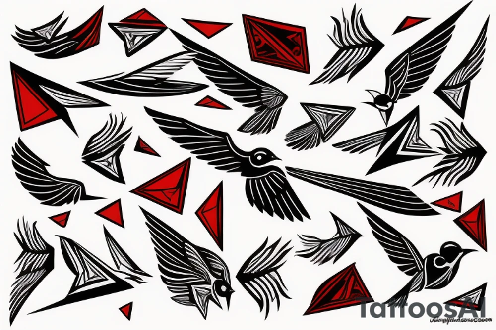 geometric abstract style robin bird mid-flight with spread wings, dynamic, small amount of red accent tattoo idea