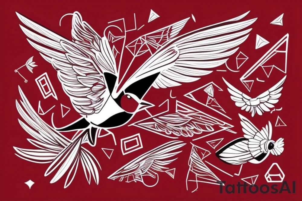 geometric abstract style robin bird mid-flight with spread wings, dynamic, small amount of red accent tattoo idea