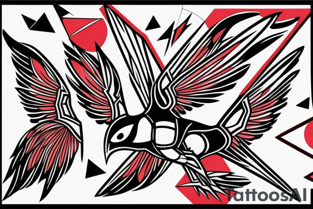 geometric abstract style robin bird mid-flight with spread wings, dynamic, small amount of red accent tattoo idea