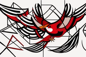 geometric abstract style robin bird mid-flight with spread wings, dynamic, small amount of red accent tattoo idea