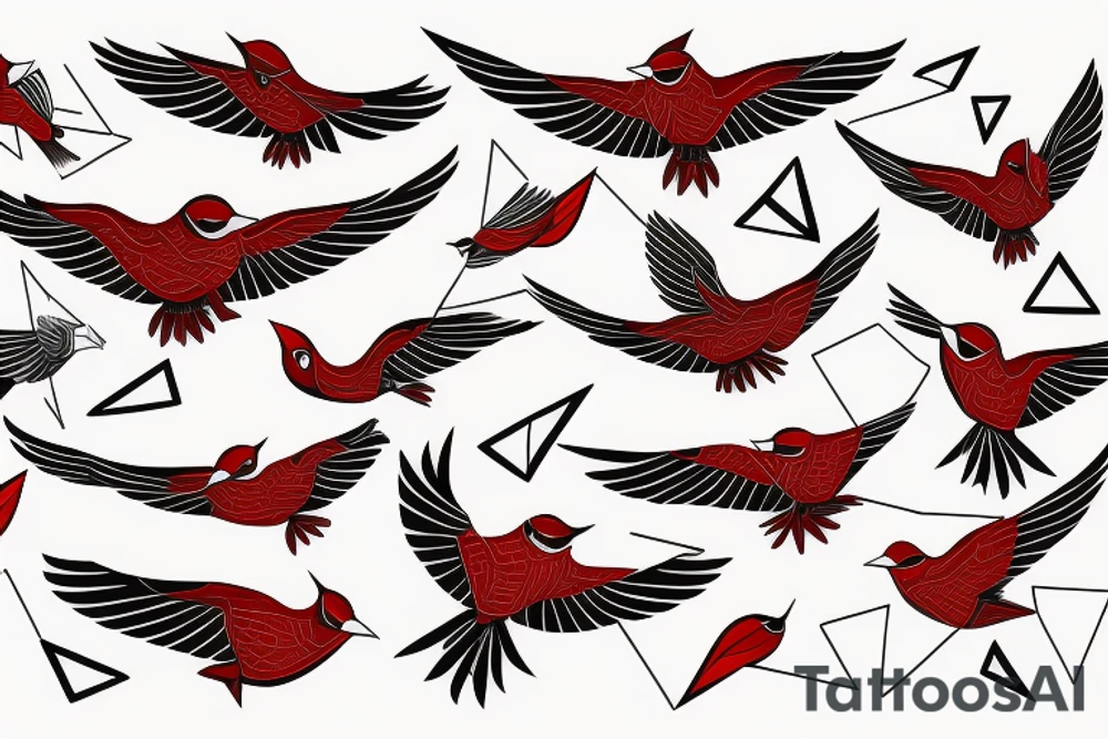 geometric abstract style robin bird mid-flight with spread wings, dynamic, small amount of red accent tattoo idea